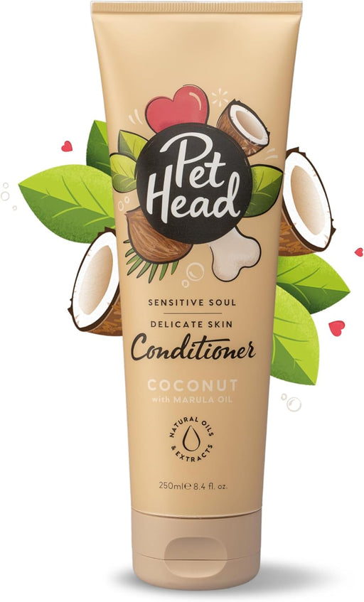 PET HEAD Sensitive Soul Condicionador para cães com pele sensível 250 ml, aroma de côco. Hipoalergénico, calmante e hidratante, ingredientes naturais e vegano. Adequado para cachorros e cães - PetDoctors - Loja Online