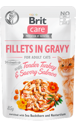 Brit Care Cat Tender Turkey & Savory Salmon in Gravy| Wet (Saqueta) | 10 Saquetas x 85 gramas | Alimento Grain Free SuperPremium para Gatos Adultos - PetDoctors - Loja Online