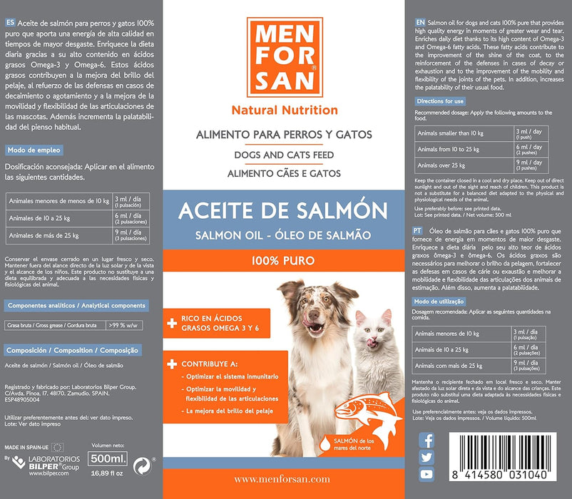 MENFORSAN Óleo de salmão para cães e gatos, otimiza o sistema imunitário, fortalece as articulações e os ossos | Reduz problemas de pele, 500 ml - PetDoctors - Loja Online