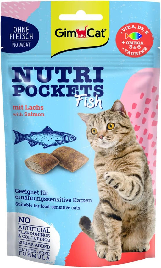 3 Saquetas GimCat Nutri Pockets Fish Salmon Snack crocante de salmão e peixe, para gatos, com ingredientes funcionais (3 saquetas de 60 gramas = 180 gramas) - PetDoctors - Loja Online