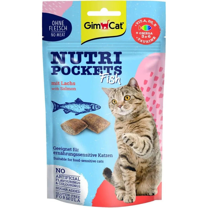 3 Saquetas GimCat Nutri Pockets Fish Salmon Snack crocante de salmão e peixe, para gatos, com ingredientes funcionais (3 saquetas de 60 gramas = 180 gramas) - PetDoctors - Loja Online