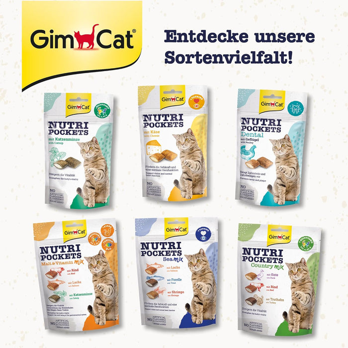 3 Saquetas GimCat Nutri Pockets Fish Salmon Snack crocante de salmão e peixe, para gatos, com ingredientes funcionais (3 saquetas de 60 gramas = 180 gramas) - PetDoctors - Loja Online