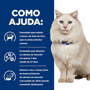 Gato branco de pelo comprido com coleira azul, ao lado de texto azul sobre benefícios urinários e redução de stress.