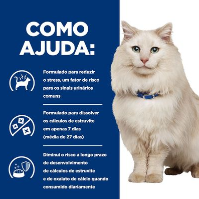 Gato branco de pelo comprido com coleira azul, ao lado de texto azul sobre benefícios urinários e redução de stress.