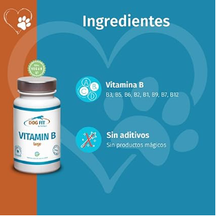 Frasco branco de DOG FIT Vitamin B Large para cães, com selo 100% vegan, mostrando ingredientes e sem aditivos.