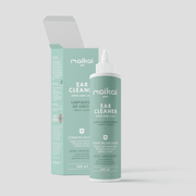 Frasco verde-água de 125ml do limpador de ouvidos Maikai Pets para cães e gatos, com caixa aberta.