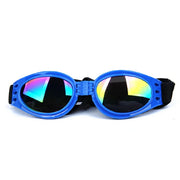 Óculos de sol azuis para cães, dobráveis, com lentes UV iridescentes e alça preta ajustável.