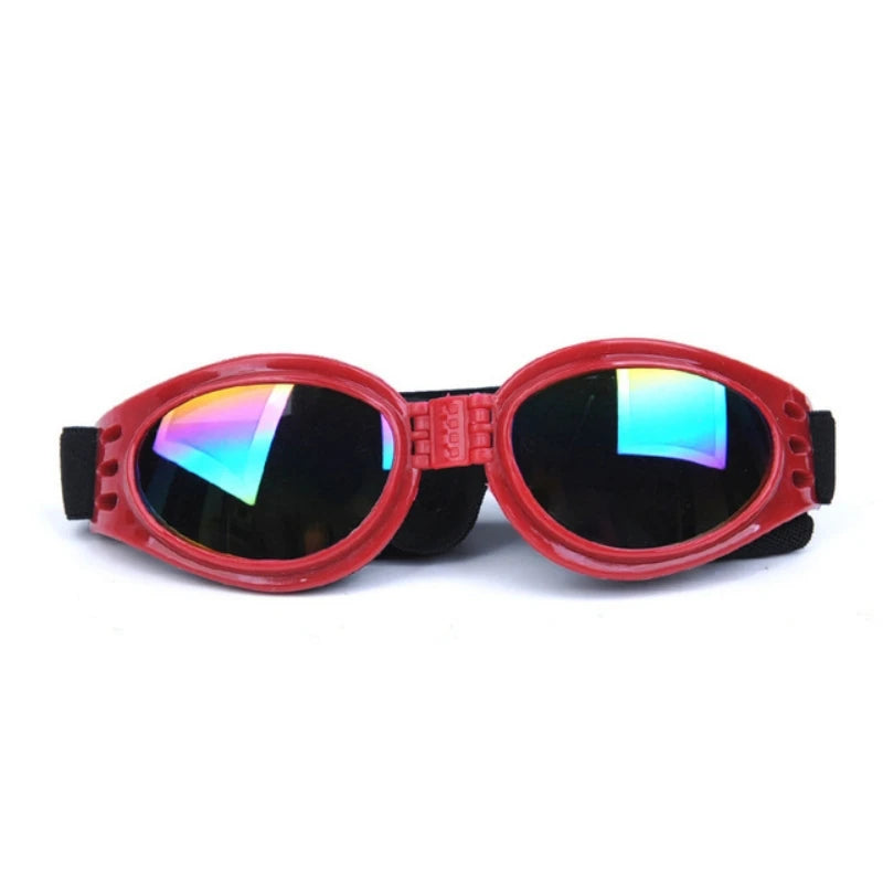 Óculos de sol para cães vermelhos de plástico, dobráveis, com lentes espelhadas UV e alça ajustável.