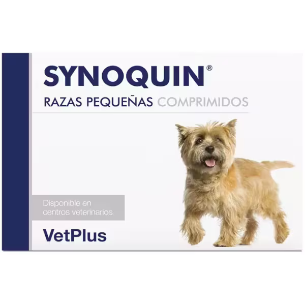 Caixa branca e azul de Synoquin Comprimidos para Raças Pequenas, com cão feliz.