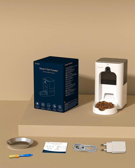Alimentador automático para gatos com câmera de vigilância, dispensador de ração de 4 litros com programa de alimentação personalizado, gravação de voz de 15 segundos, alimentação dupla e brinquedo a laser. - PetDoctors - Loja Online