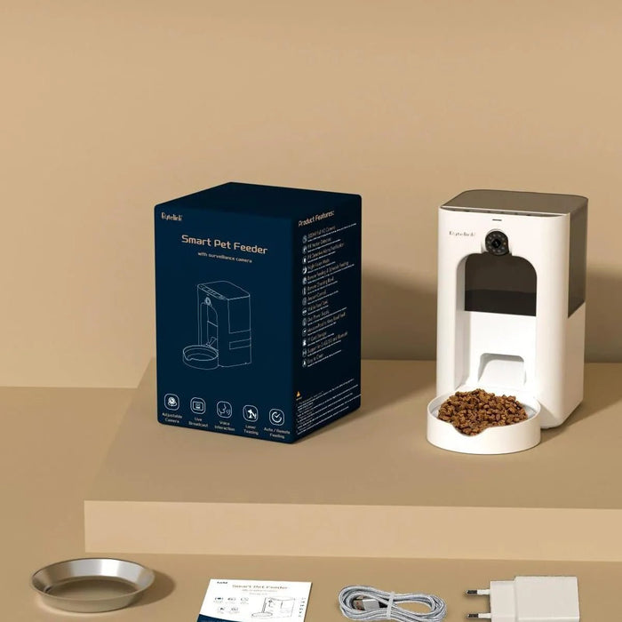 Alimentador automático para gatos com câmera de vigilância, dispensador de ração de 4 litros com programa de alimentação personalizado, gravação de voz de 15 segundos, alimentação dupla e brinquedo a laser. - PetDoctors - Loja Online