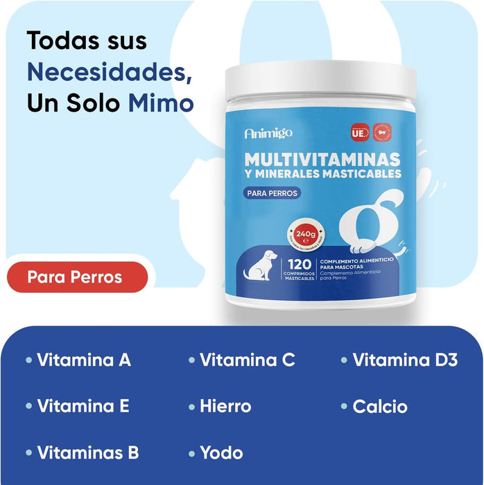 Animigo Multivitaminas e Minerais para cão: 18 vitaminas e minerais para apoio imunológico, pele, pêlo e articulações- embalagem 120 biscoitos mastigáveis - PetDoctors - Loja Online