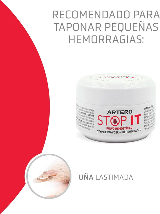Artero Stop it. Pó hemostático para cortar as pequenas hemorragias produzidas pelo corte de unhas em cães e gatos - PetDoctors - Loja Online