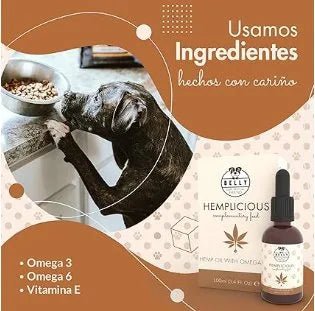 Belly Óleo de cânhamo ômega 3 e 6 para cão, 100 ml - complemento alimentar para a pele e a pelagem - ajuda na ansiedade - rico em vitaminas A, B, E, C e D - PetDoctors - Loja Online