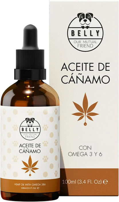Belly Óleo de cânhamo ômega 3 e 6 para cão, 100 ml - complemento alimentar para a pele e a pelagem - ajuda na ansiedade - rico em vitaminas A, B, E, C e D - PetDoctors - Loja Online