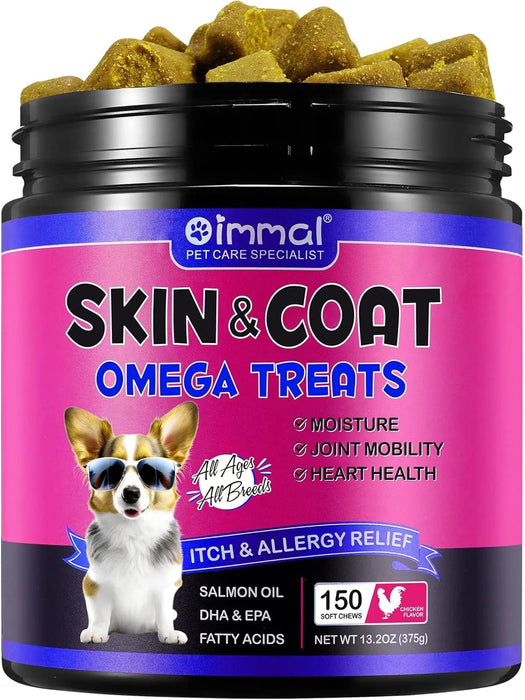 Biscoitos Skin & Coat Ómega 3 para cães - Pele saudável e Pelo brilhante - Alívio de alergias e comichão, com biotina, DHAgold, zinco, vitamina C, óleo de salmão para cães (150 unidades, sabor a frango) - PetDoctors - Loja Online