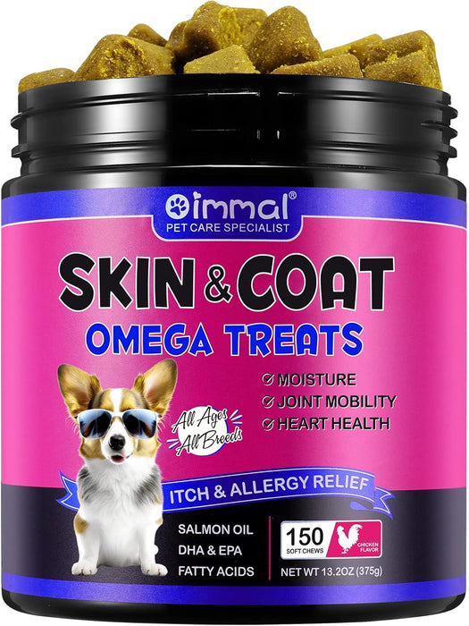 Biscoitos Skin & Coat Ómega 3 para cães - Pele saudável e Pelo brilhante - Alívio de alergias e comichão, com biotina, DHAgold, zinco, vitamina C, óleo de salmão para cães (150 unidades, sabor a frango) - PetDoctors - Loja Online