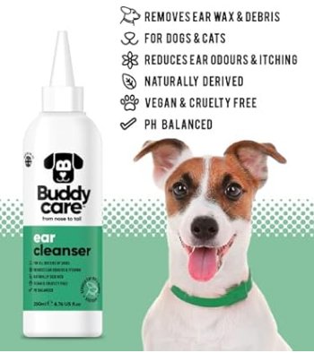 Buddycare Limpador de orelhas para cães | Solução calmante de limpeza de ouvidos para cães | ingredientes de origem natural com aloé vera 200 ml - PetDoctors - Loja Online