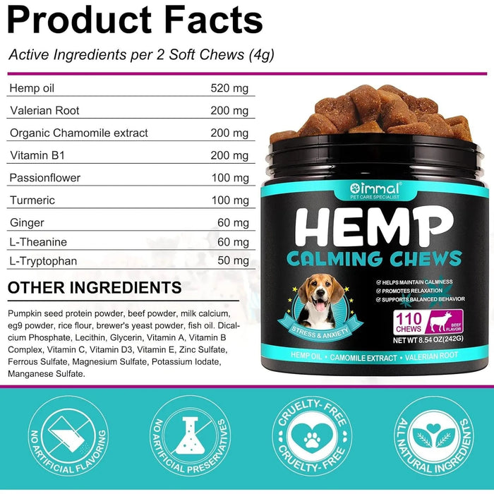 Calmante Mastigável para Cães, ajuda a promover o relaxamento, reduz o stress e a ansiedade - sabor de carne bovina (242 g, 110 comprimidos) - PetDoctors - Loja Online