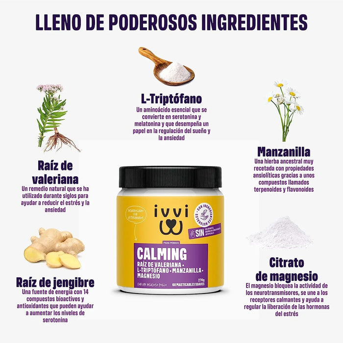 Calming - Complemento alimentar para cães, anti - stress e ansiedade - Valeriana, camomila, melatonina - sem corantes nem conservantes, 60 deliciosas golosinas de frango, 270 g - PetDoctors - Loja Online