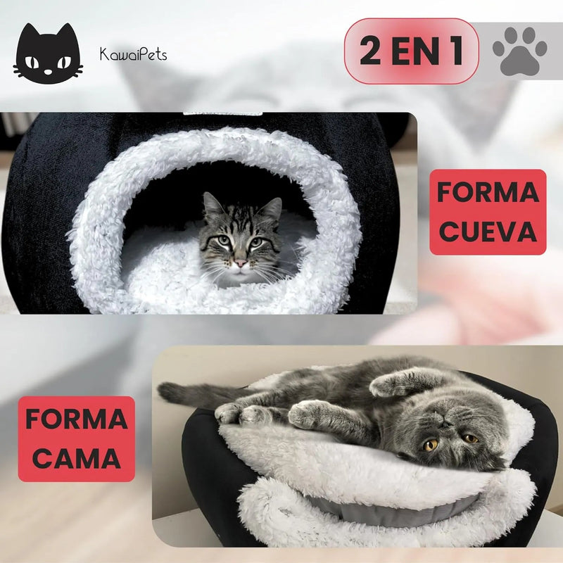 Cama para gatos, 2 em 1, abrigo e gruta macia, cama lavável - 40 x 40 cm - cor preta - PetDoctors - Loja Online