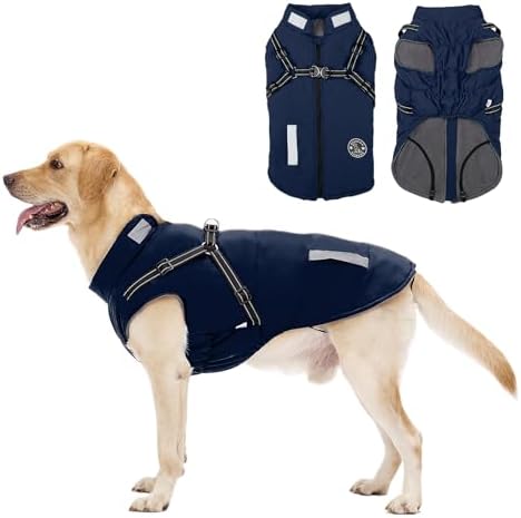 Casaco azul escuro, de inverno, para cão, impermeável, resistente ao vento, com tiras refletoras seguras e arnês ajustável - PetDoctors - Loja Online