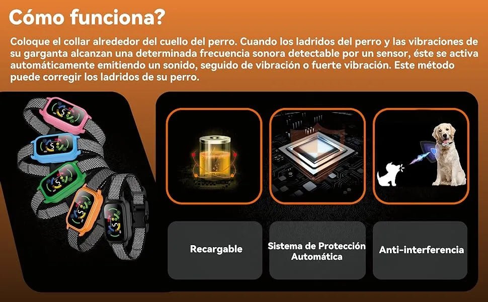 Coleira anti - latidos, vibratória, automática para cães, deteção inteligente de latidos com 3 modos de vibração, som e forte vibração, sensibilidade ajustável, resistente à água e recarregável - PetDoctors - Loja Online