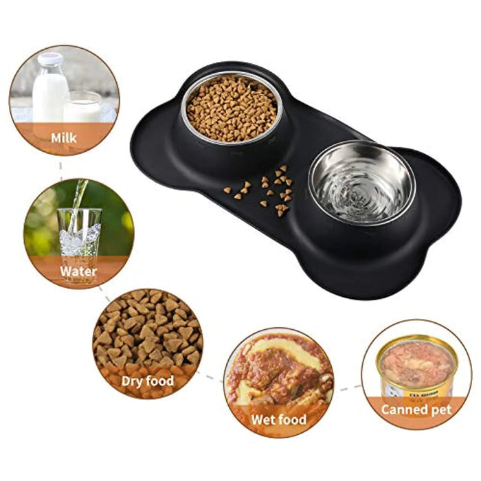 Comedouro + Bebedouro (2x400 ml) para Cães e Gatos em Aço Inoxidável com Base Antideslizante de Silicone - Oferta de Comedouro / Bebedouro Portátil - PetDoctors - Loja Online