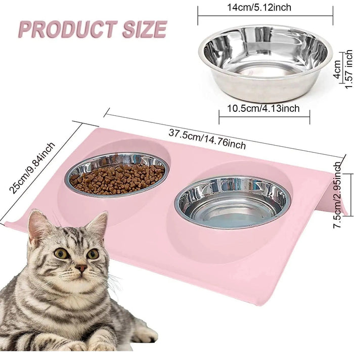 Comedouro / Bebedouro Duplo para Gato ou Cão, em Aço Inoxidável, Base Antiderrapante - PetDoctors - Loja Online