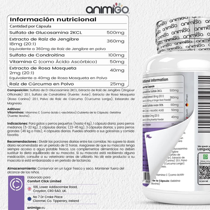 Complexo de glucosamina e condroitina para cães e gatos, alvo articulações e ossos fortes, 180 cápsulas, condroprotetor e anti - inflamatório, com vitamina C, açafrão, gengibre e rosa mosquito - PetDoctors - Loja Online