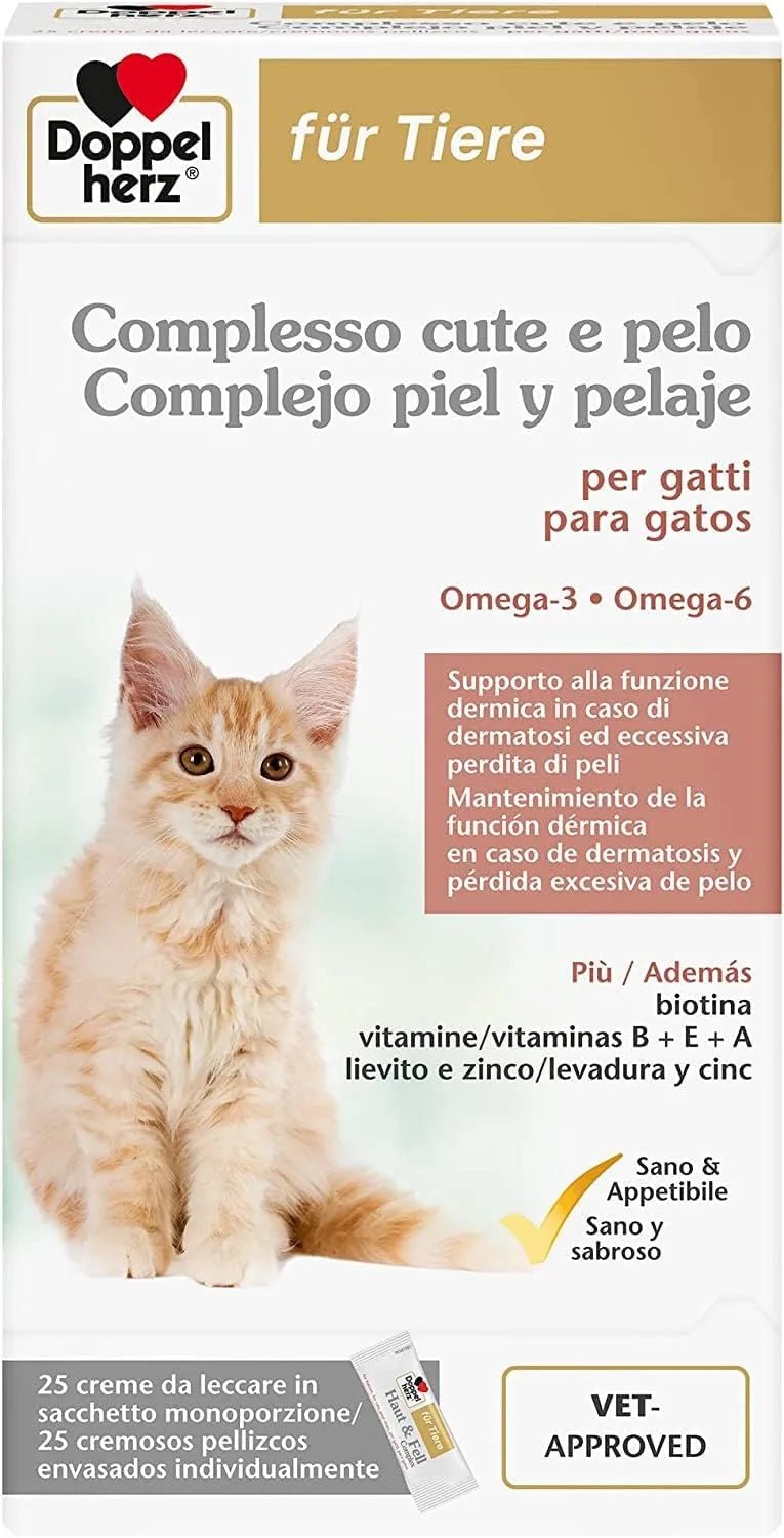 Complexo para pele e pêlo de gatos, manutenção da função térmica em caso de dermatose e perda de pêlo excessiva, ômega - 3 e 6, biotina, vitaminas B E+ A, (25 biscoitos cremosos) - PetDoctors - Loja Online