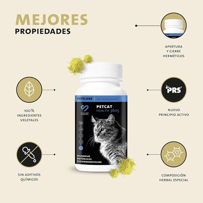 Desparasitante antiparasitário para gatos, pó de ervas, 100% natural com curcuma e tomilho contra vermes intestinais, higiene intestinal (Peticare) - PetDoctors - Loja Online