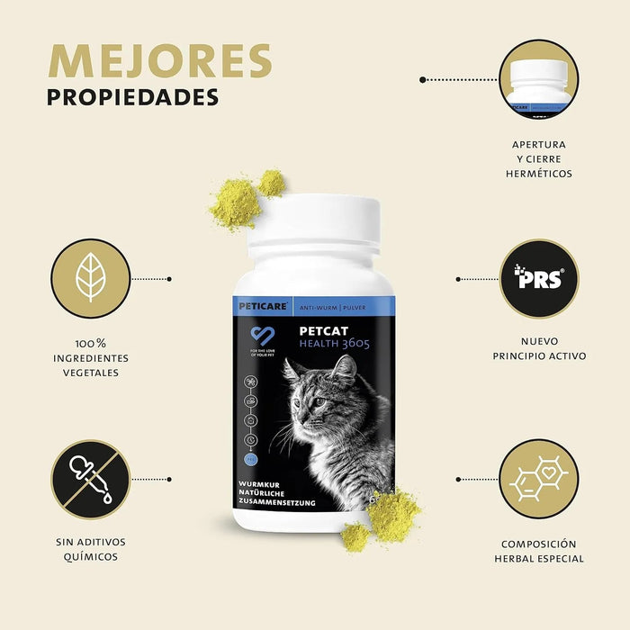 Desparasitante antiparasitário para gatos, pó de ervas, 100% natural com curcuma e tomilho contra vermes intestinais, higiene intestinal (Peticare) - PetDoctors - Loja Online