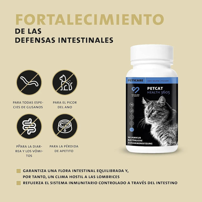 Desparasitante antiparasitário para gatos, pó de ervas, 100% natural com curcuma e tomilho contra vermes intestinais, higiene intestinal (Peticare) - PetDoctors - Loja Online