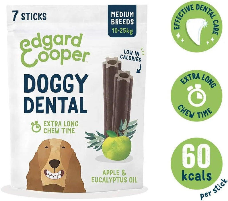 Edgard & Cooper Dental Stick para cães de Raças médias - 56 barras para a higiene oral - prémios naturais sem cereais - 7 Sticks x 8 embalagens - Eucalipto e maçã, higiene oral, baixo em calorias, hálito fresco - PetDoctors - Loja Online
