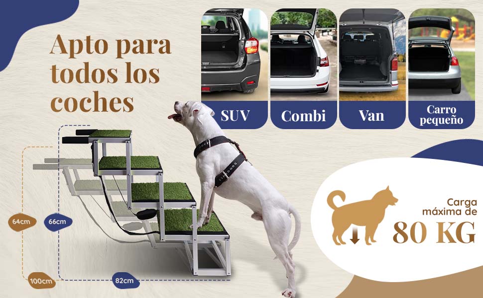 Escada para cães pequenos e grandes - superfície de relva artificial antiderrapante - Adequado para todos os carros - 4 degraus - PetDoctors - Loja Online