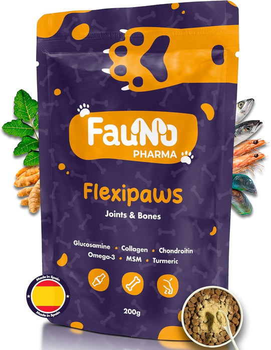 Flexipaws Condroprotetor para cães, glucosamina, condroitina, ômega - 3, MSM, mexilhão lábios verde, açafrão (articulações, anti - inflamatório, dôr, artrite) 200 gr - PetDoctors - Loja Online