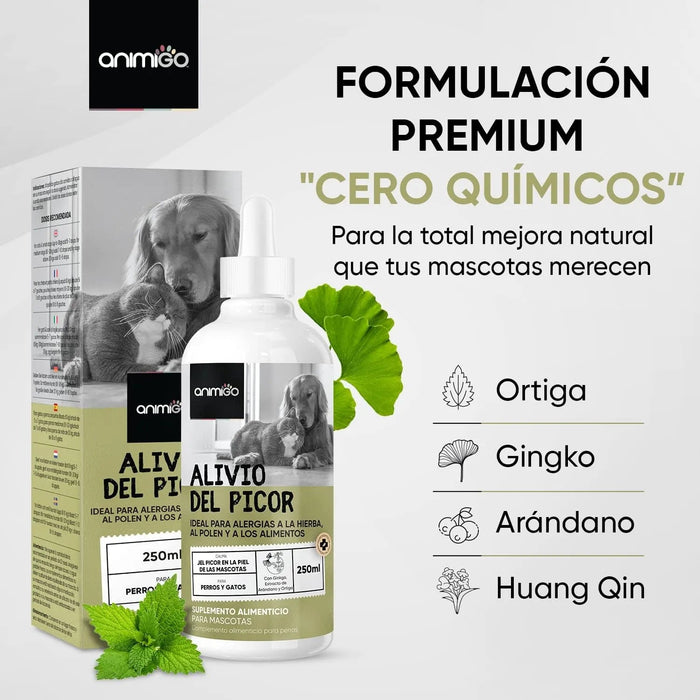 Gotas anti - comichão para cães e gatos 250 ml - ação eficaz contra a comichão, ideal para alergias a ervas, pólen e alimentos dos seus animais de estimação, alivia a comichão em gatos e cães - PetDoctors - Loja Online