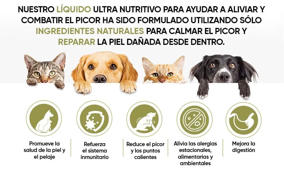 Gotas anti - comichão para cães e gatos 250 ml - ação eficaz contra a comichão, ideal para alergias a ervas, pólen e alimentos dos seus animais de estimação, alivia a comichão em gatos e cães - PetDoctors - Loja Online