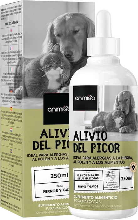 Gotas anti - comichão para cães e gatos 250 ml - ação eficaz contra a comichão, ideal para alergias a ervas, pólen e alimentos dos seus animais de estimação, alivia a comichão em gatos e cães - PetDoctors - Loja Online