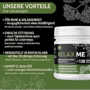 GreenPet Relax Me 120 comprimidos - agente calmante para cães, extra forte, para a ansiedade, o stress, viagens de carro, calmante e relaxante, Valeriana, erva de São João - Made in Germany - PetDoctors - Loja Online