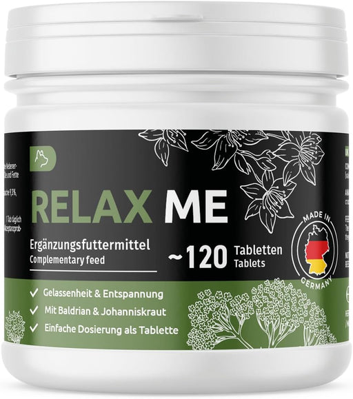 GreenPet Relax Me 120 comprimidos - agente calmante para cães, extra forte, para a ansiedade, o stress, viagens de carro, calmante e relaxante, Valeriana, erva de São João - Made in Germany - PetDoctors - Loja Online