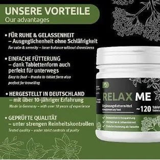 GreenPet Relax Me 120 comprimidos - agente calmante para cães, extra forte, para a ansiedade, o stress, viagens de carro, calmante e relaxante, Valeriana, erva de São João - Made in Germany - PetDoctors - Loja Online