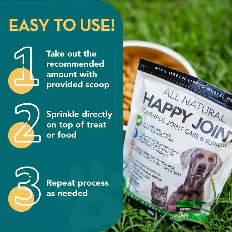 Happy Joint 100% Cuidado natural para cães e gatos - com açafrão e mexilhão de lábios verdes - melhor que os suplementos para articulações com glucosamina (160 Doses) - PetDoctors - Loja Online