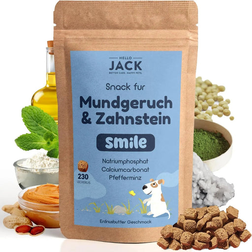 Hello Jack Limpeza natural para mau hálito de cães - até 4 meses de fornecimento - limpa os dentes e ajuda a eliminar o mau hálito do cão - evita o tártaro - PetDoctors - Loja Online