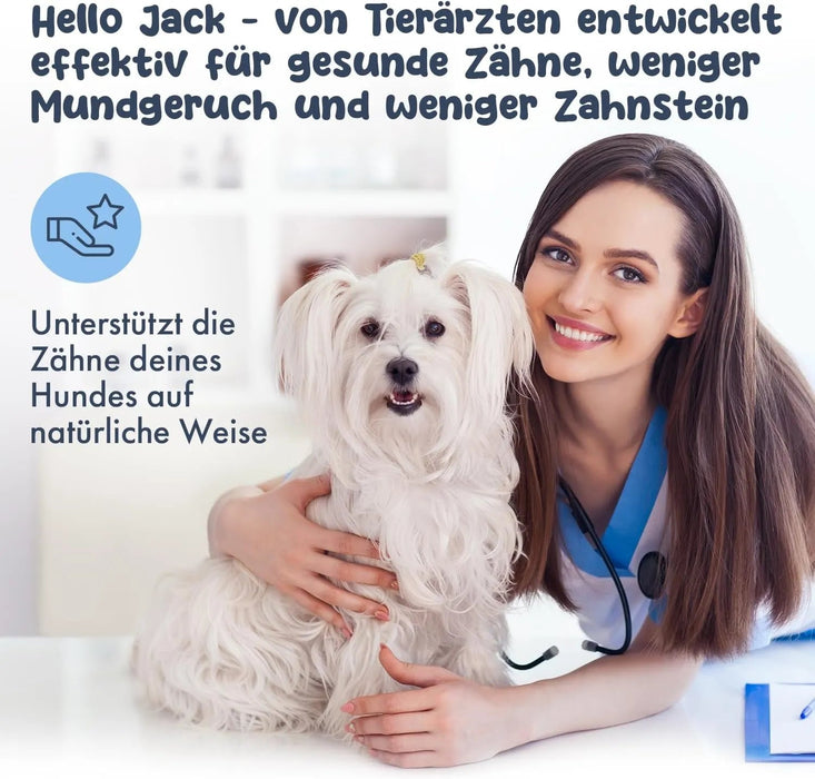Hello Jack Limpeza natural para mau hálito de cães - até 4 meses de fornecimento - limpa os dentes e ajuda a eliminar o mau hálito do cão - evita o tártaro - PetDoctors - Loja Online