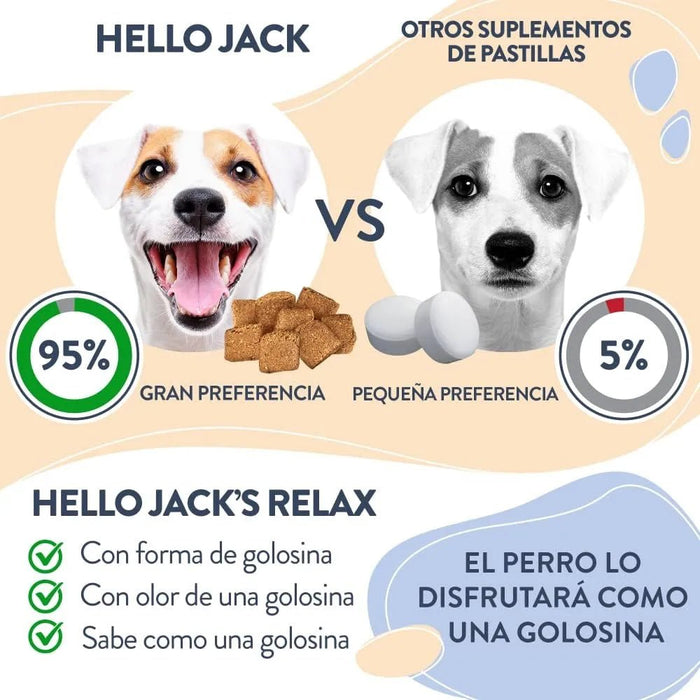 Hello Jack Relax Suplemento diário para cães - tranquilizante mastigáveis para cães e cachorros, para aliviar o stress e o equilíbrio emocional - sabor de manteiga de amendoim - PetDoctors - Loja Online