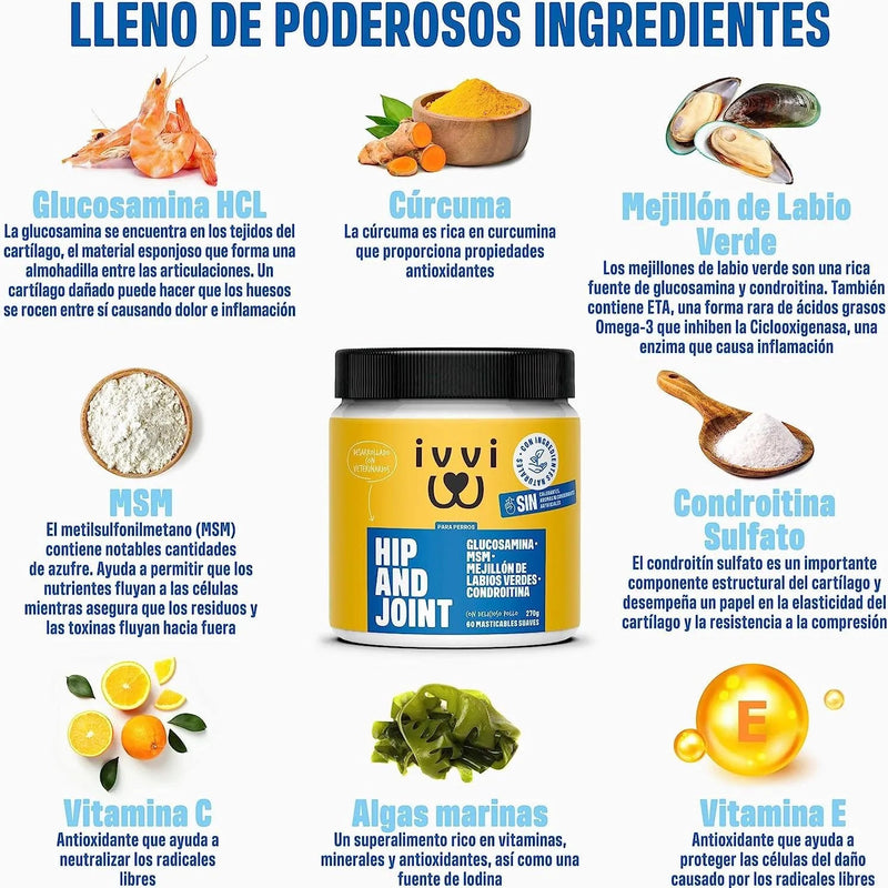 Hip and Joint - Anca e Articulações - Antiartrose - complemento alimentar para cães, altamente concentrado - MSM, mexilhão de lábios verde, glucosamina - 60 golosinas de frango, 270 g - PetDoctors - Loja Online