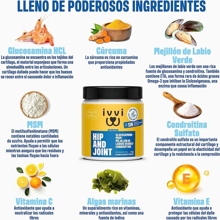 Hip and Joint - Anca e Articulações - Antiartrose - complemento alimentar para cães, altamente concentrado - MSM, mexilhão de lábios verde, glucosamina - 60 golosinas de frango, 270 g - PetDoctors - Loja Online