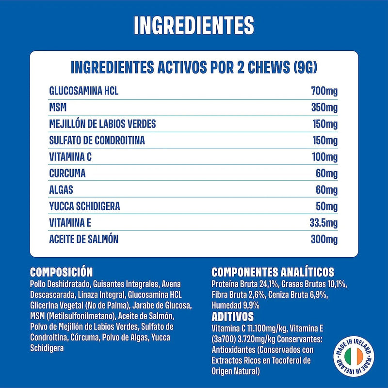 Hip and Joint - Anca e Articulações - Antiartrose - complemento alimentar para cães, altamente concentrado - MSM, mexilhão de lábios verde, glucosamina - 60 golosinas de frango, 270 g - PetDoctors - Loja Online